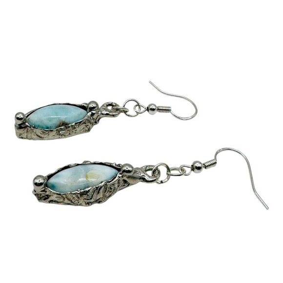 Larimar Dainty Earrings Encased In Boho Artisan Silver Bezels With 925 Hooks - Picture 7 of 14